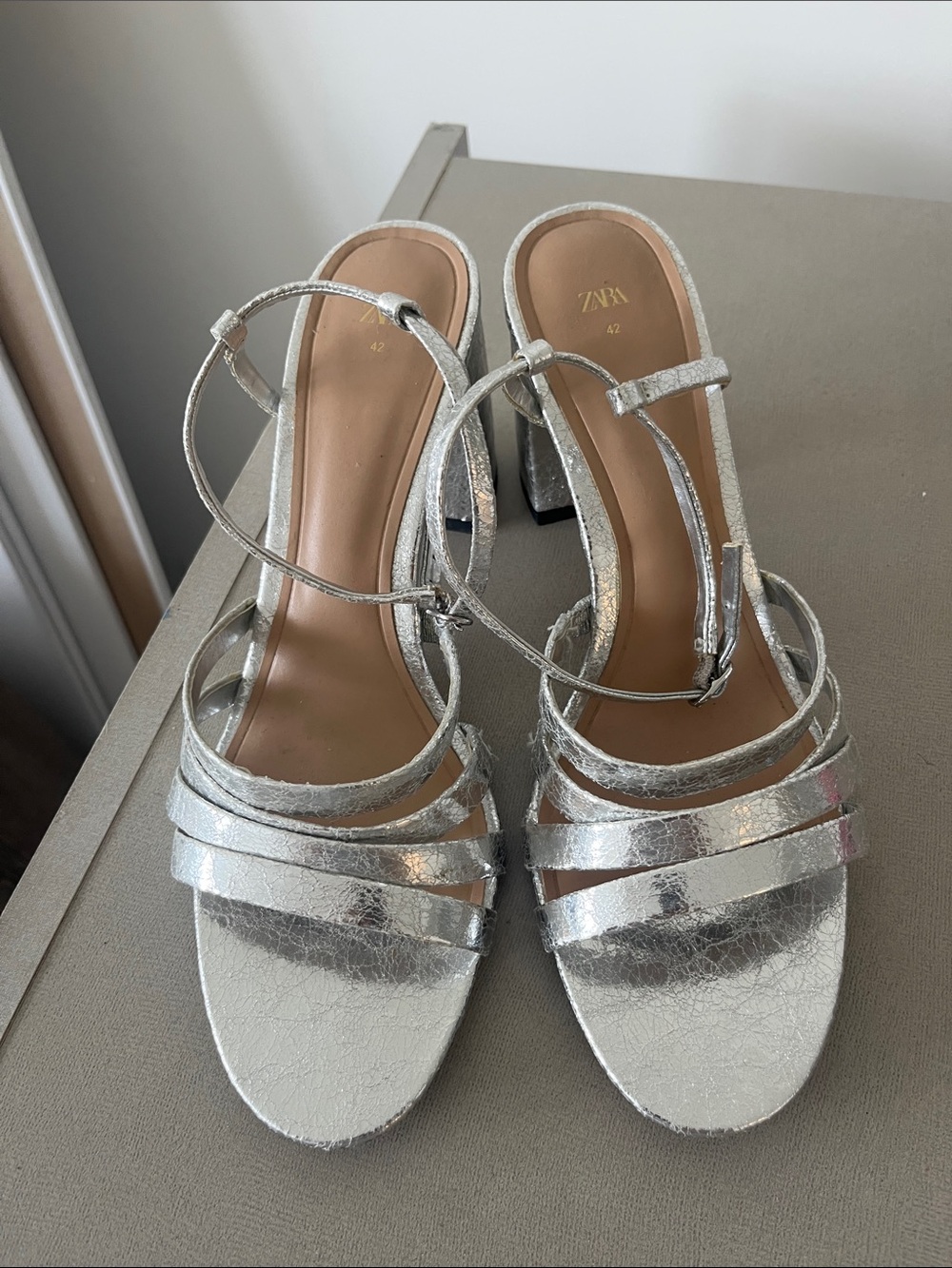 ZARA Silver Strappy Block Heel Sandals